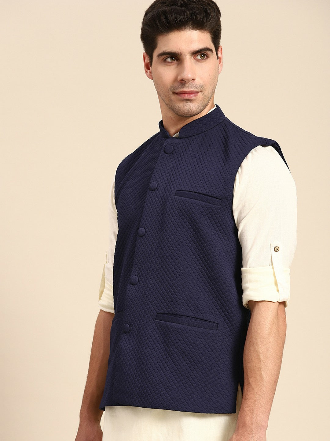 Men's Navy Blue Self-Textured Nehru Jacket in Silk Blend