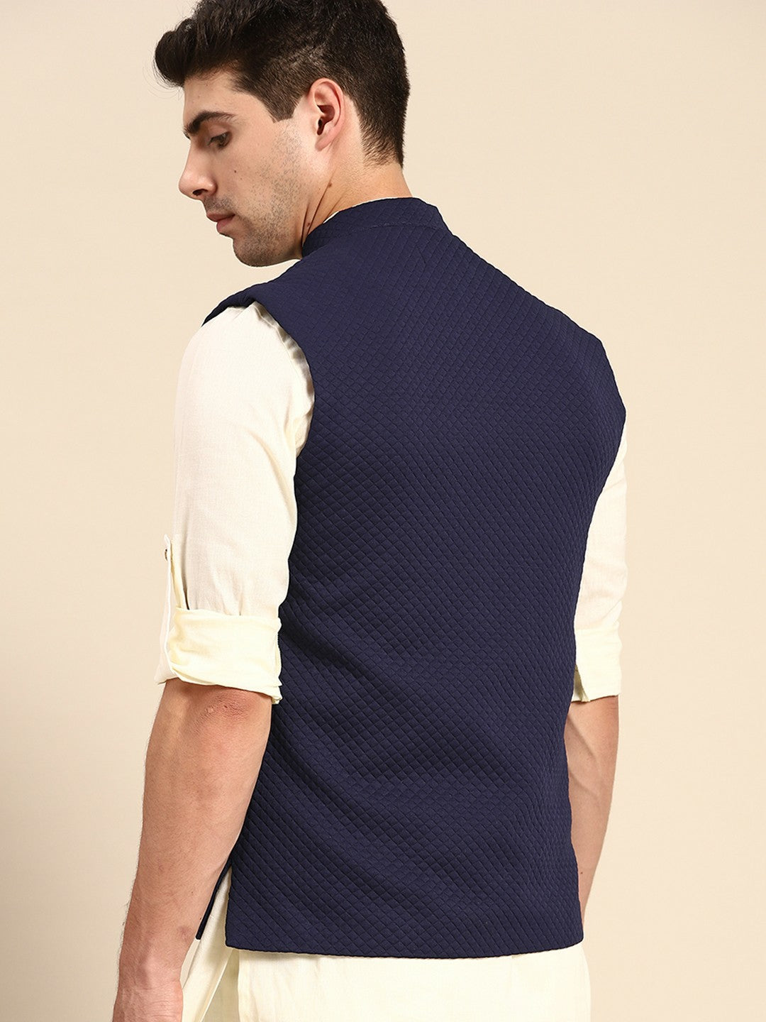 Men's Navy Blue Self-Textured Nehru Jacket in Silk Blend