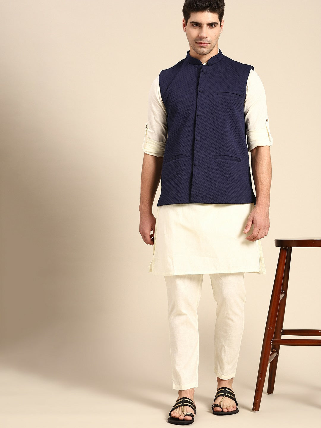 Men's Navy Blue Self-Textured Nehru Jacket in Silk Blend