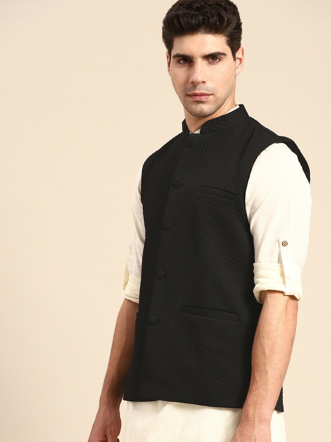 Men's Black Self-Textured Nehru Jacket in Premium Silk Blend