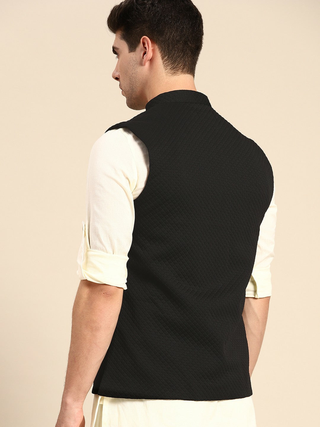 Men's Black Self-Textured Nehru Jacket in Premium Silk Blend
