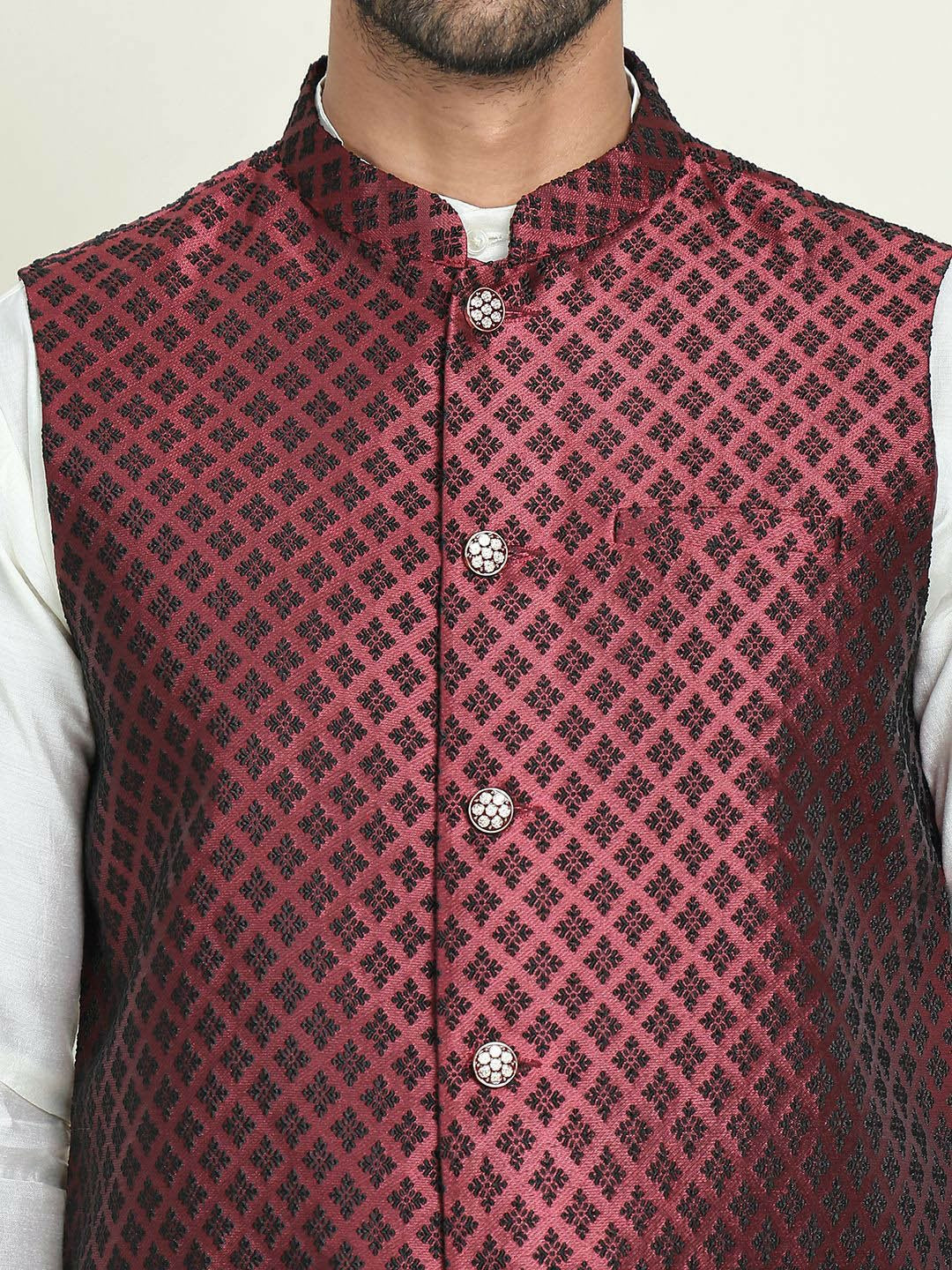 Men's Maroon & Black Woven Nehru Jacket with Mandarin Collar