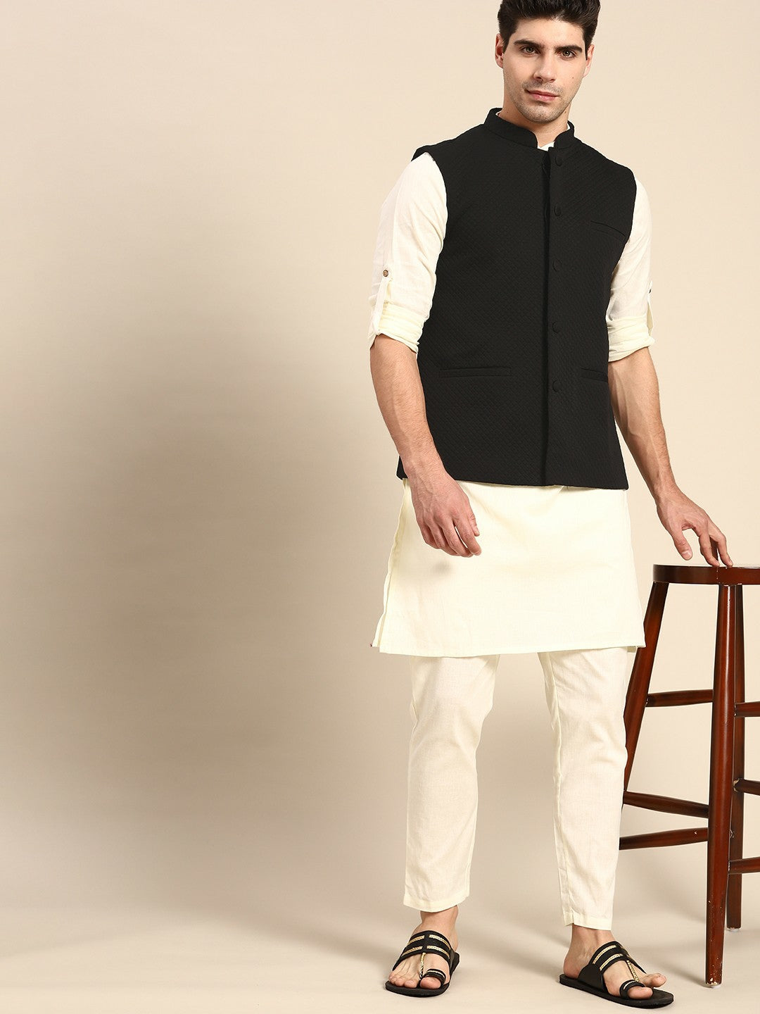 Men's Black Self-Textured Nehru Jacket in Premium Silk Blend