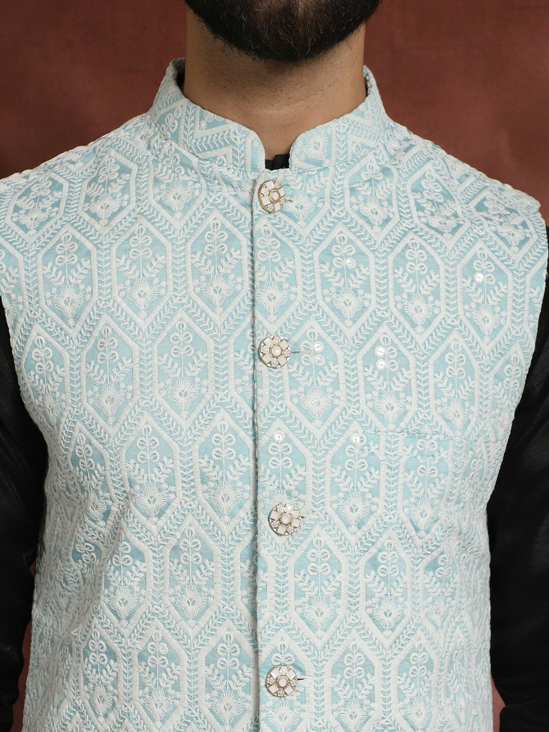 Men's Blue Embroidered Nehru Jacket in Silk Cotton Blend