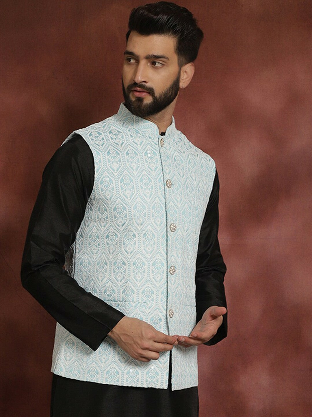 Men's Blue Embroidered Nehru Jacket in Silk Cotton Blend