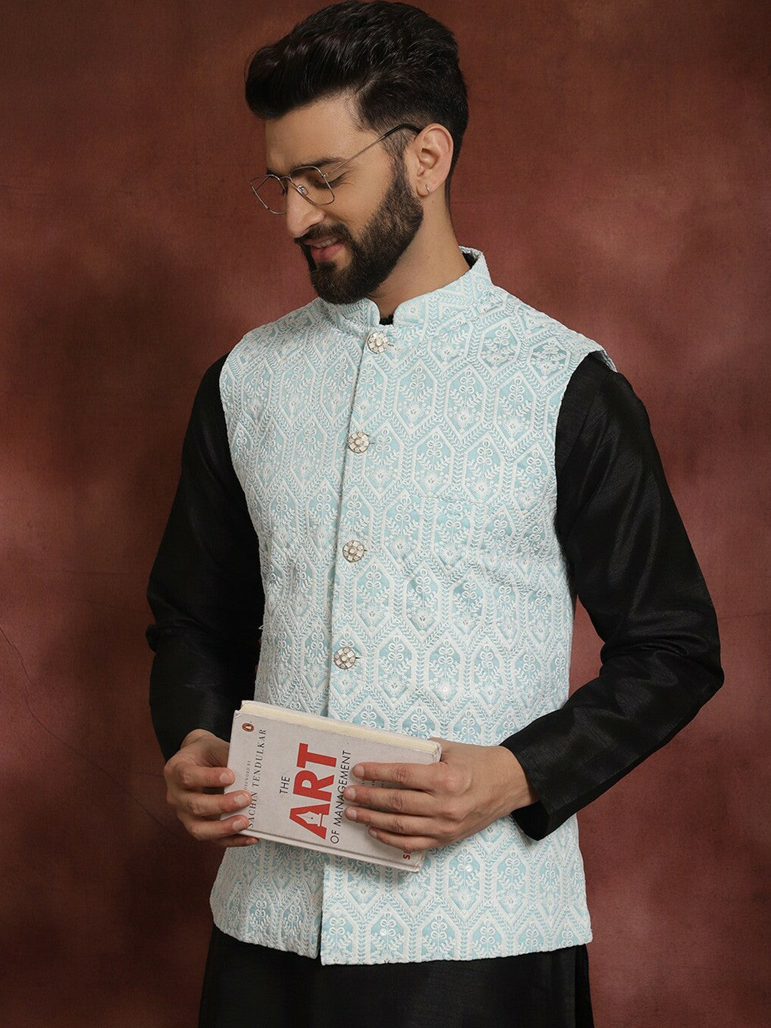 Men's Blue Embroidered Nehru Jacket in Silk Cotton Blend