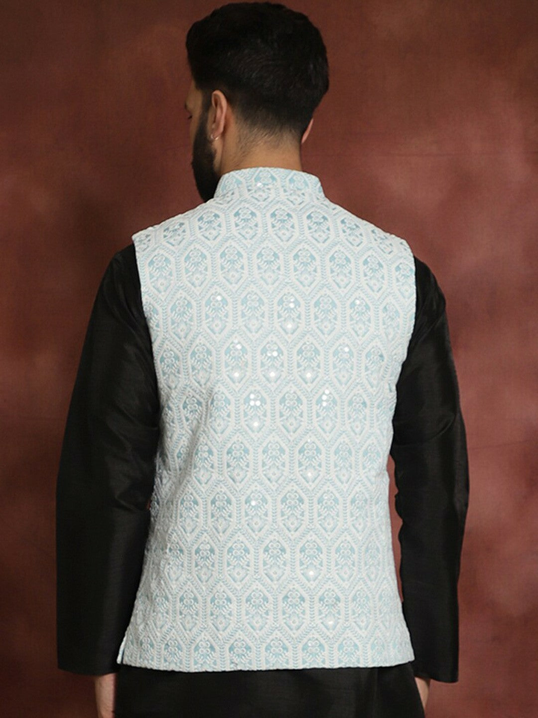 Men's Blue Embroidered Nehru Jacket in Silk Cotton Blend