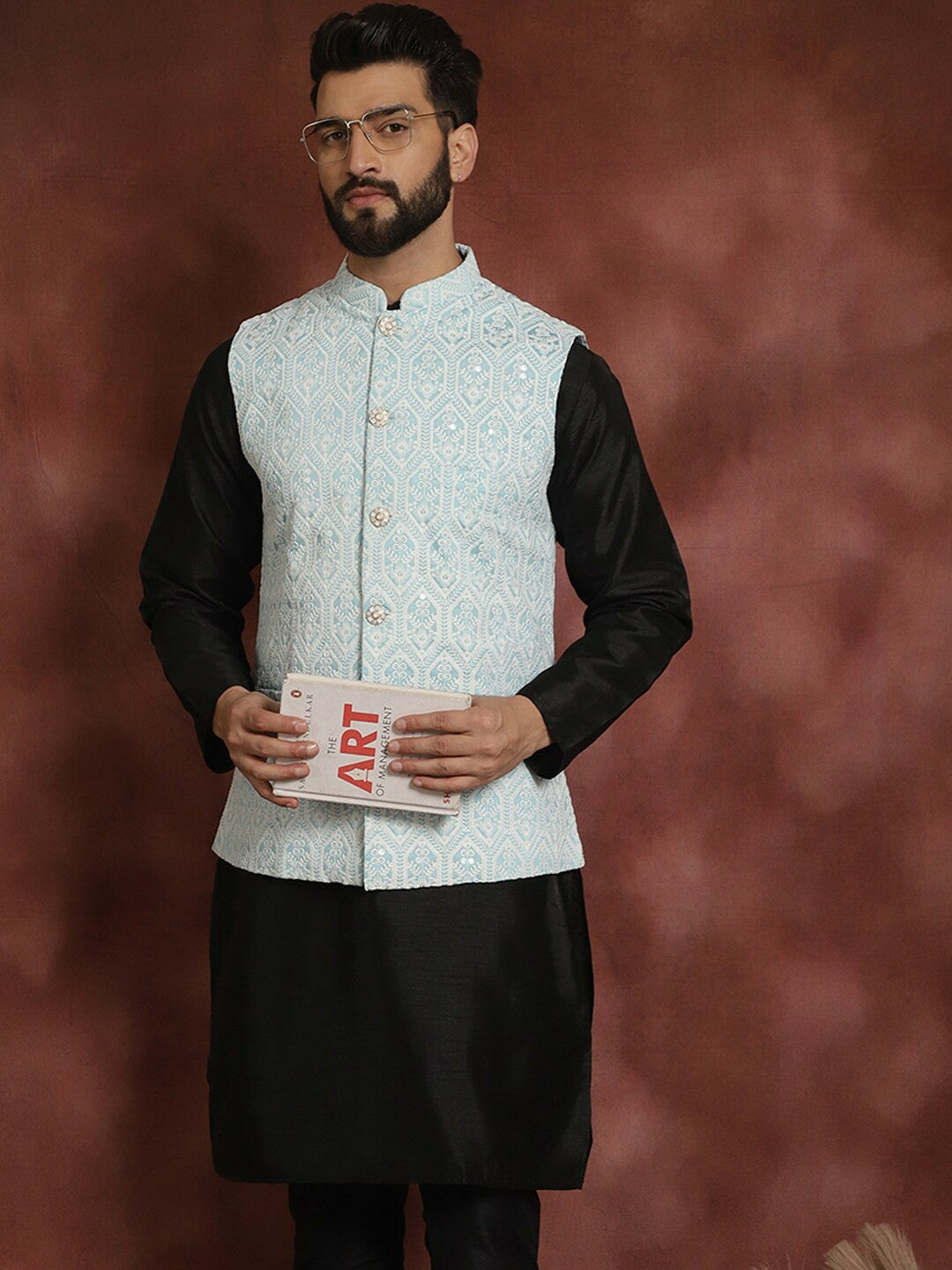 Men's Blue Embroidered Nehru Jacket in Silk Cotton Blend