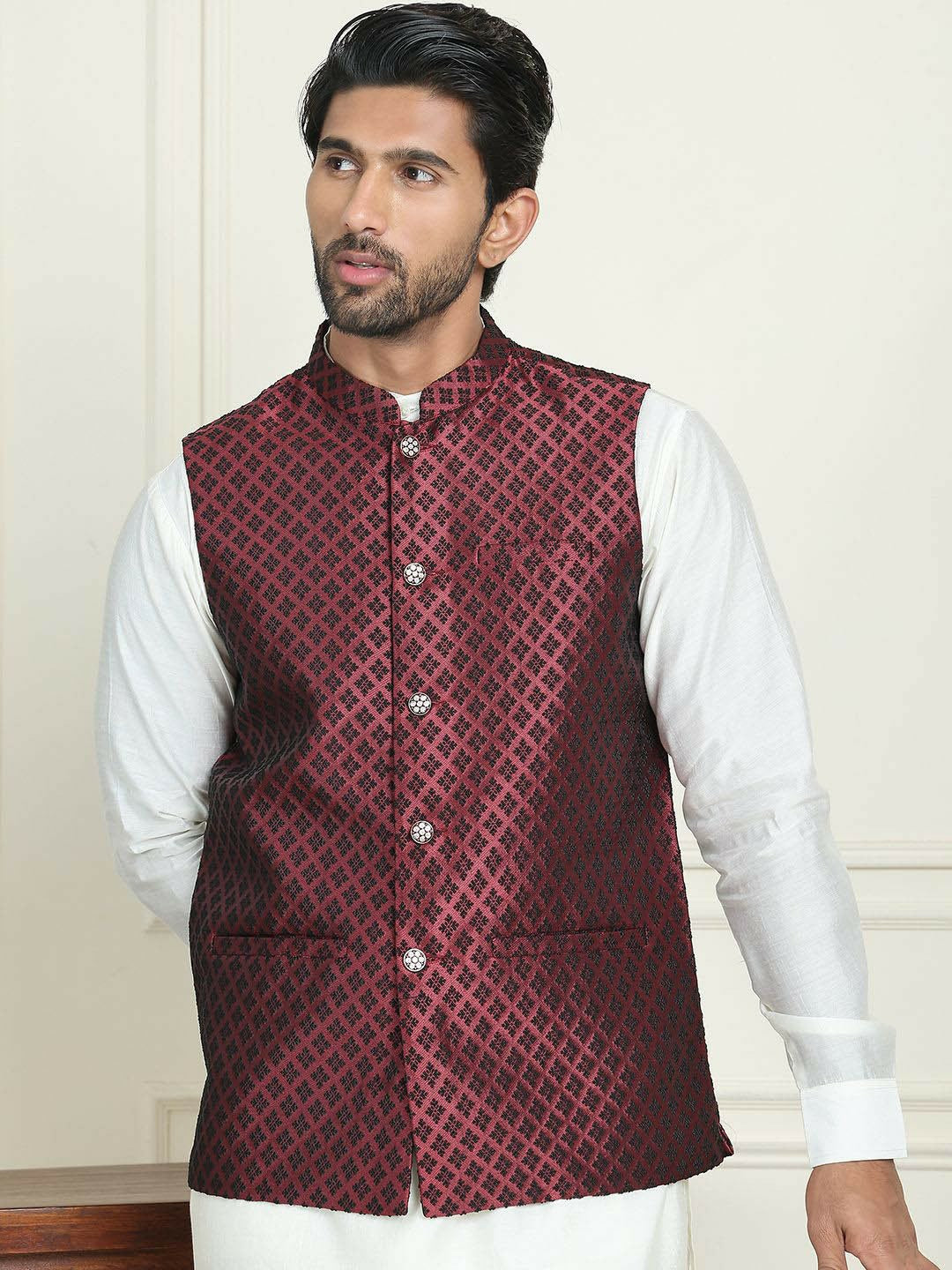 Men's Maroon & Black Woven Nehru Jacket with Mandarin Collar