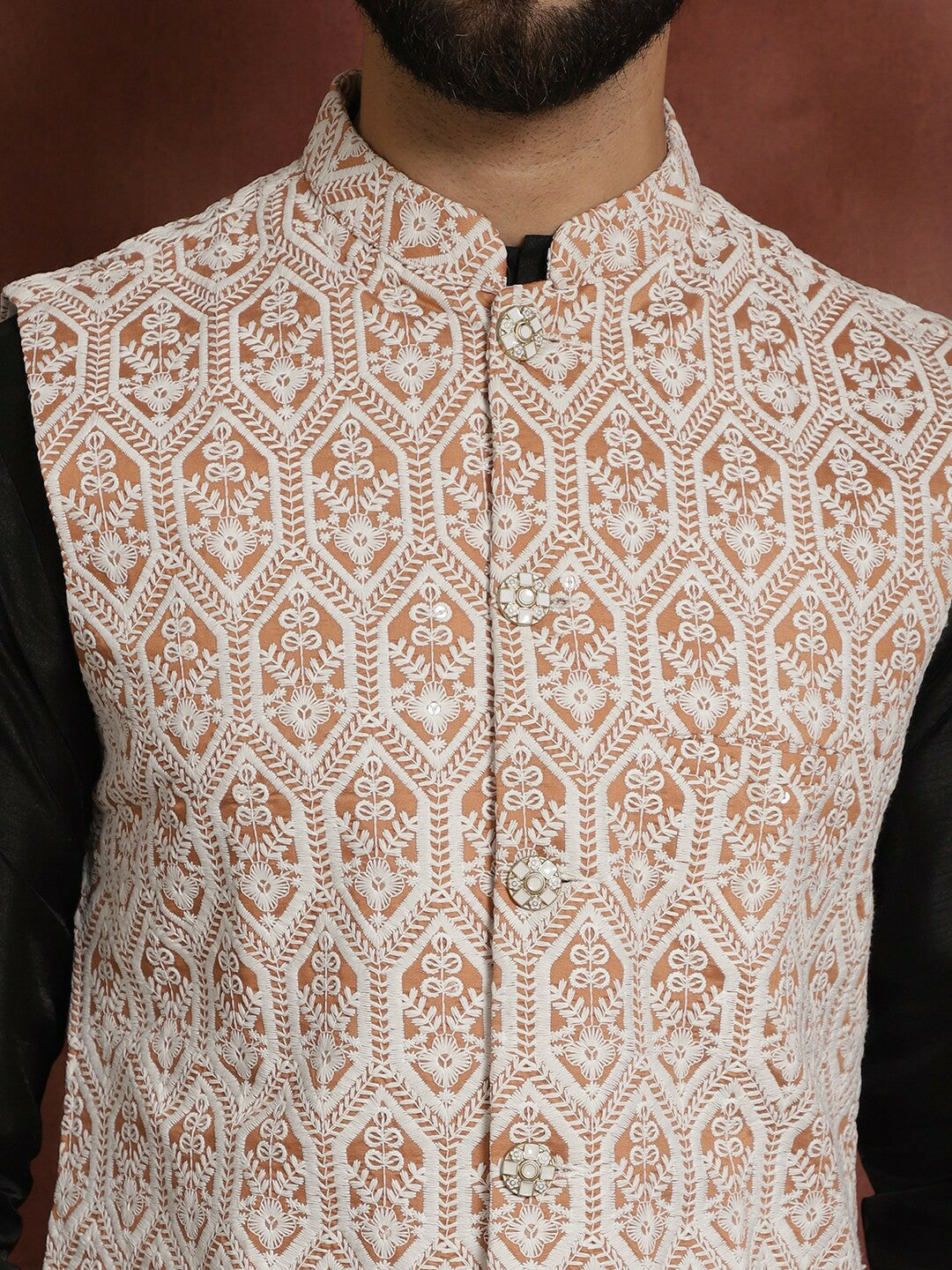 Men's Peach Embroidered Jacquard Silk Nehru Jacket