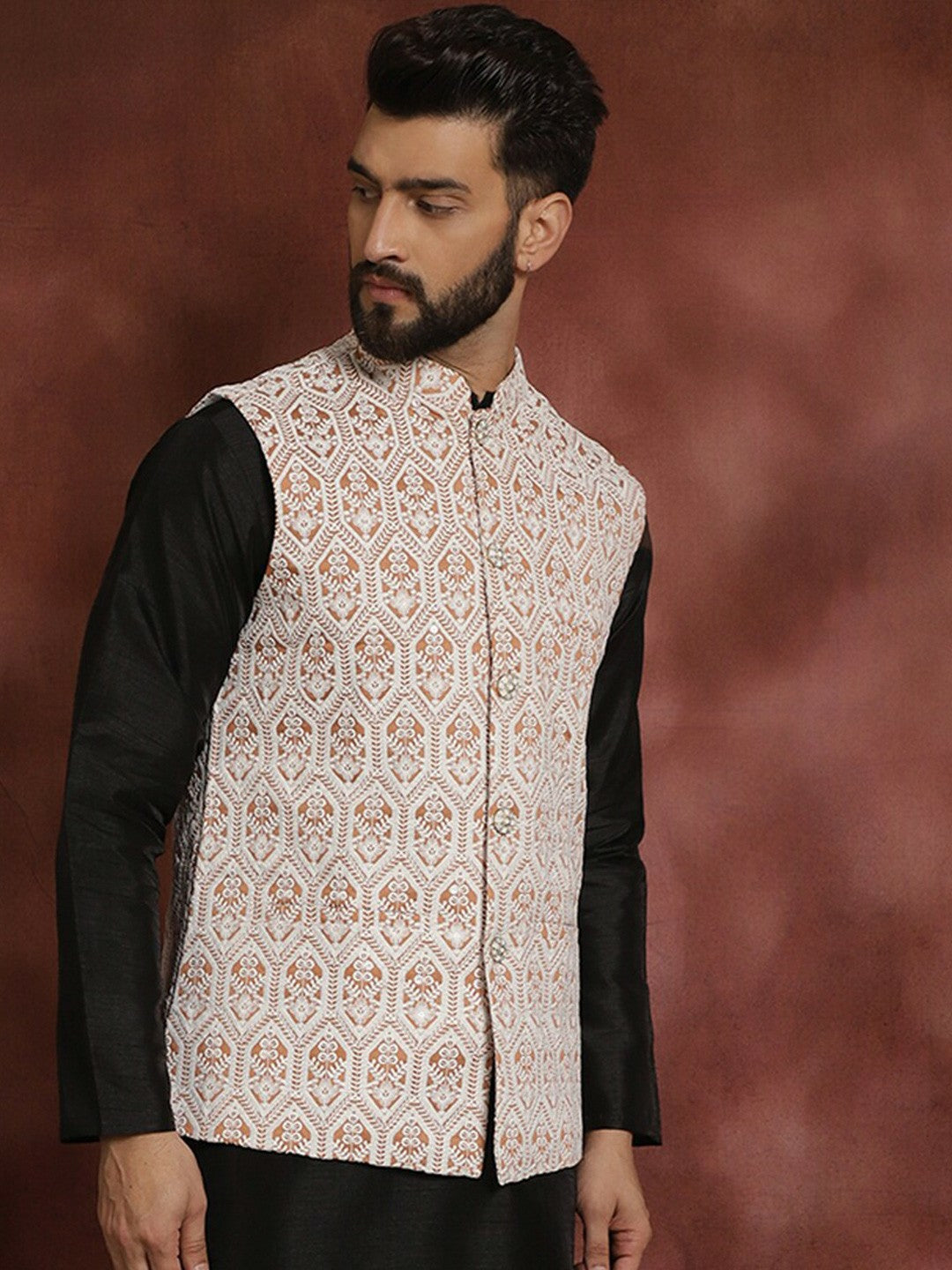 Men's Peach Embroidered Jacquard Silk Nehru Jacket