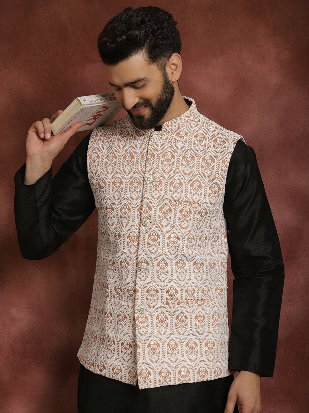 Men's Peach Embroidered Jacquard Silk Nehru Jacket