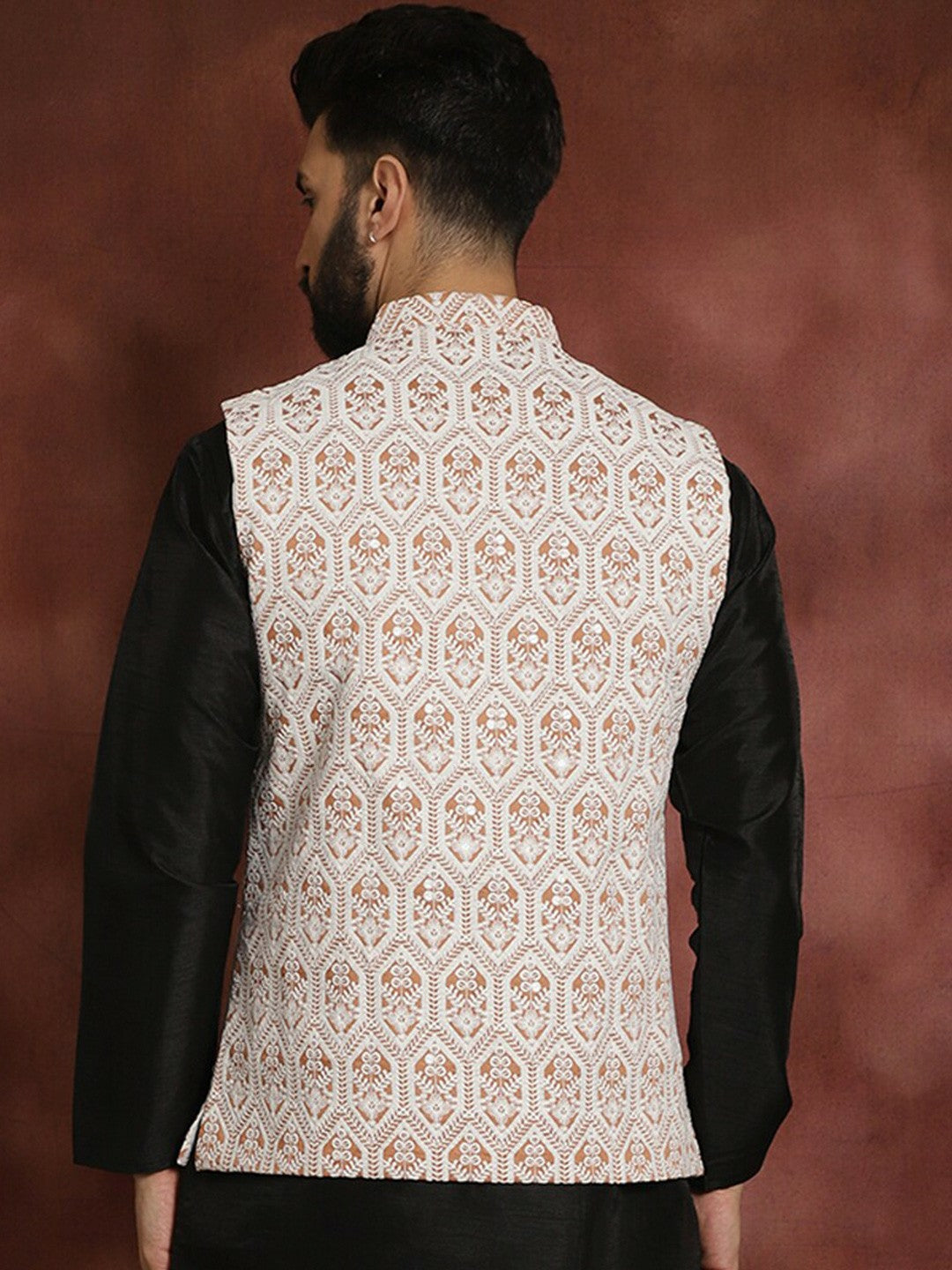 Men's Peach Embroidered Jacquard Silk Nehru Jacket