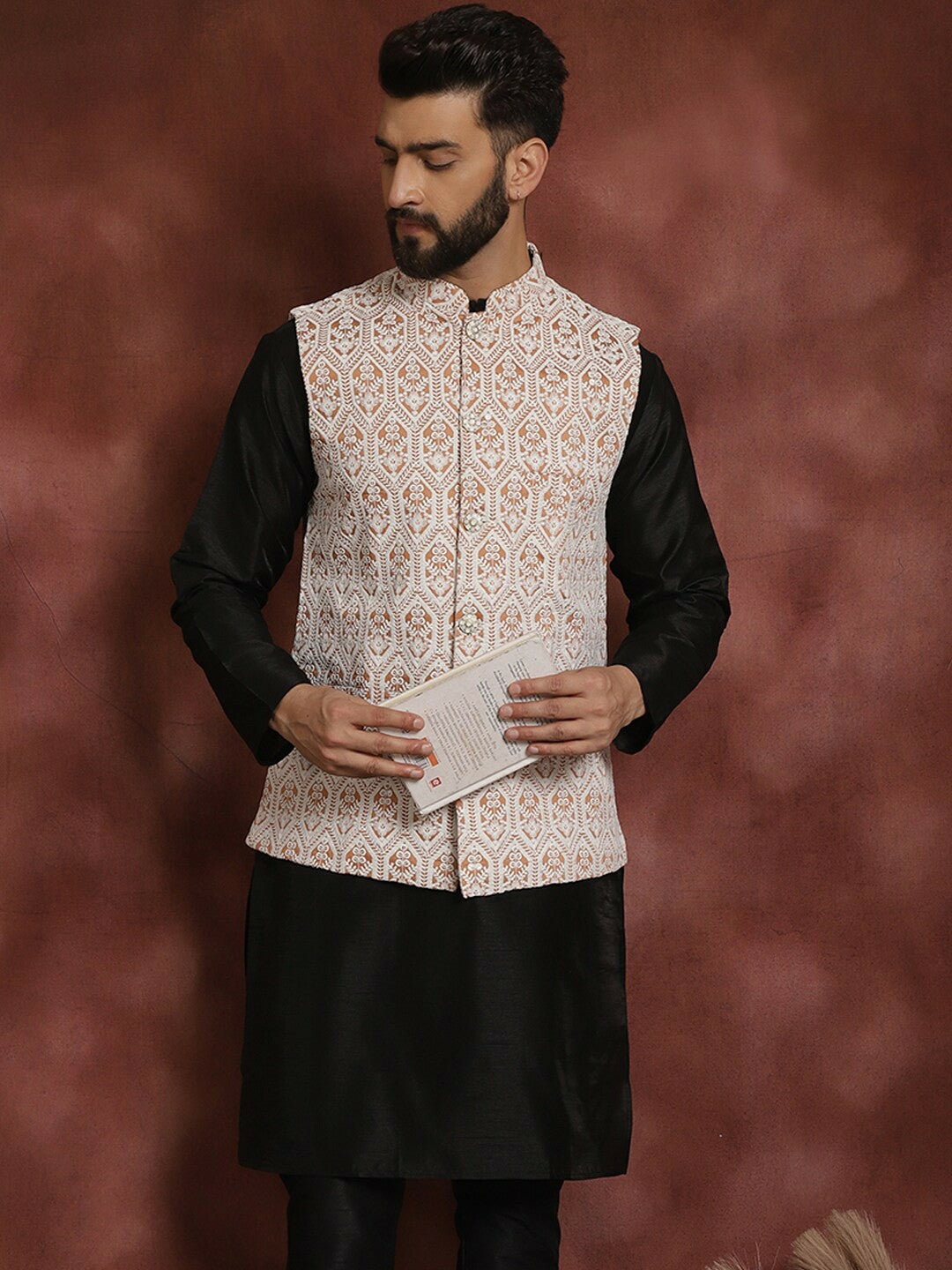 Men's Peach Embroidered Jacquard Silk Nehru Jacket