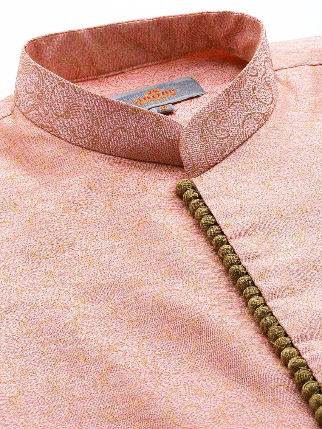 Men's Pink & Yellow Woven Jacquard Silk Nehru Jacket with Lining