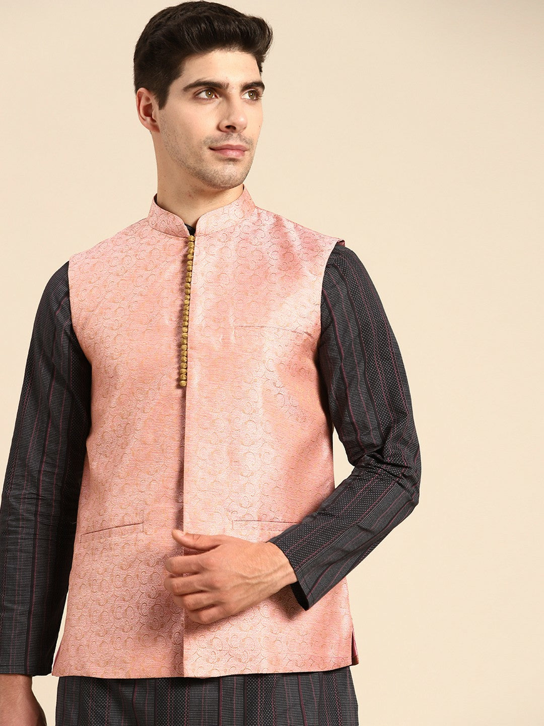 Men's Pink & Yellow Woven Jacquard Silk Nehru Jacket with Lining