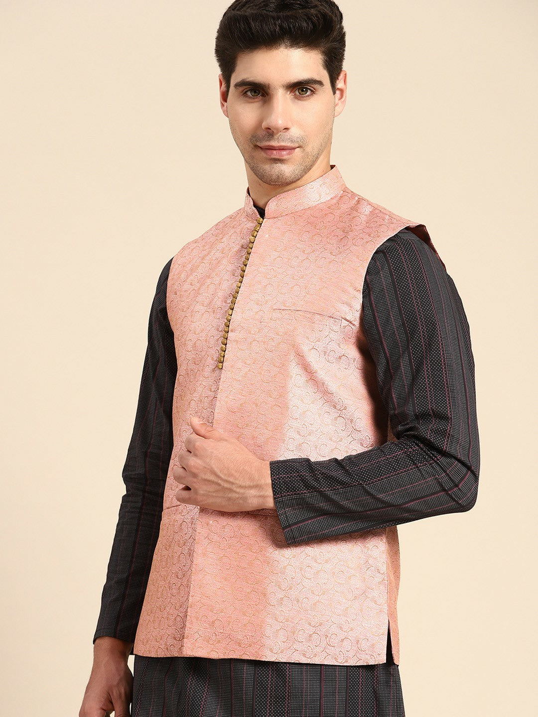 Men's Pink & Yellow Woven Jacquard Silk Nehru Jacket with Lining