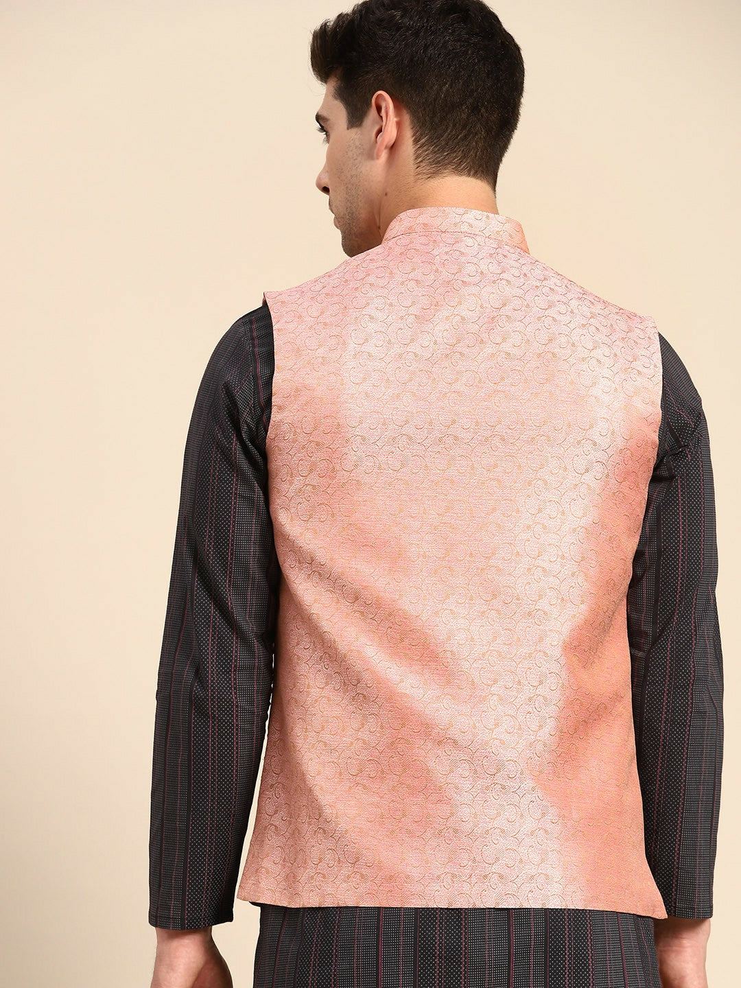 Men's Pink & Yellow Woven Jacquard Silk Nehru Jacket with Lining