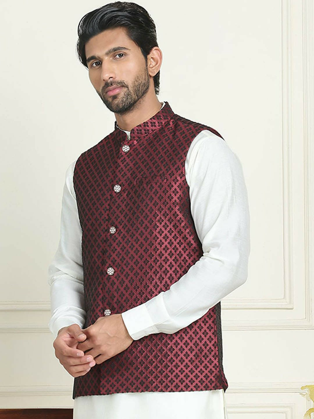 Men's Maroon & Black Woven Nehru Jacket with Mandarin Collar