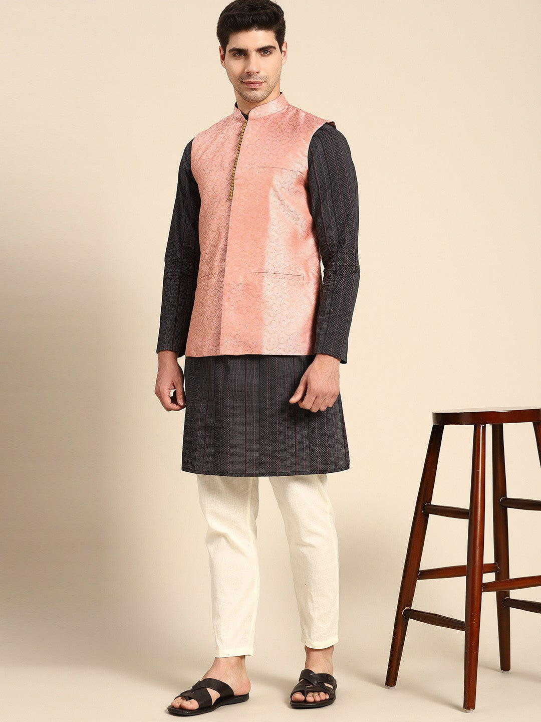 Men's Pink & Yellow Woven Jacquard Silk Nehru Jacket with Lining