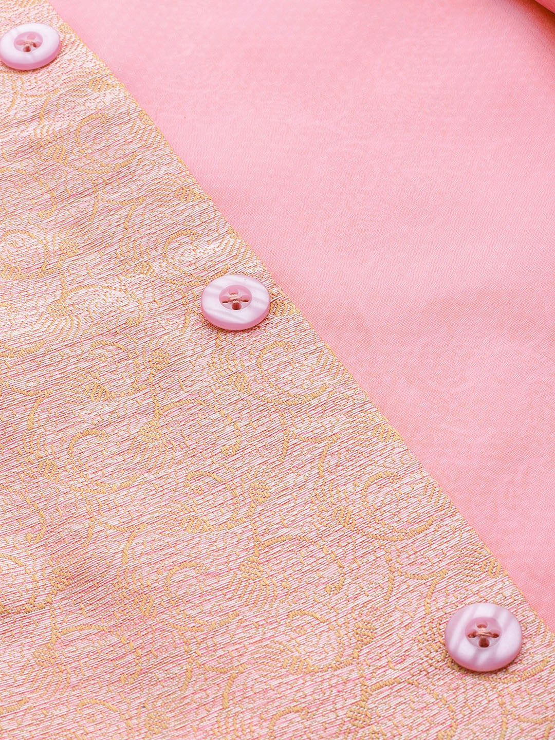 Men's Pink & Yellow Woven Jacquard Silk Nehru Jacket with Lining