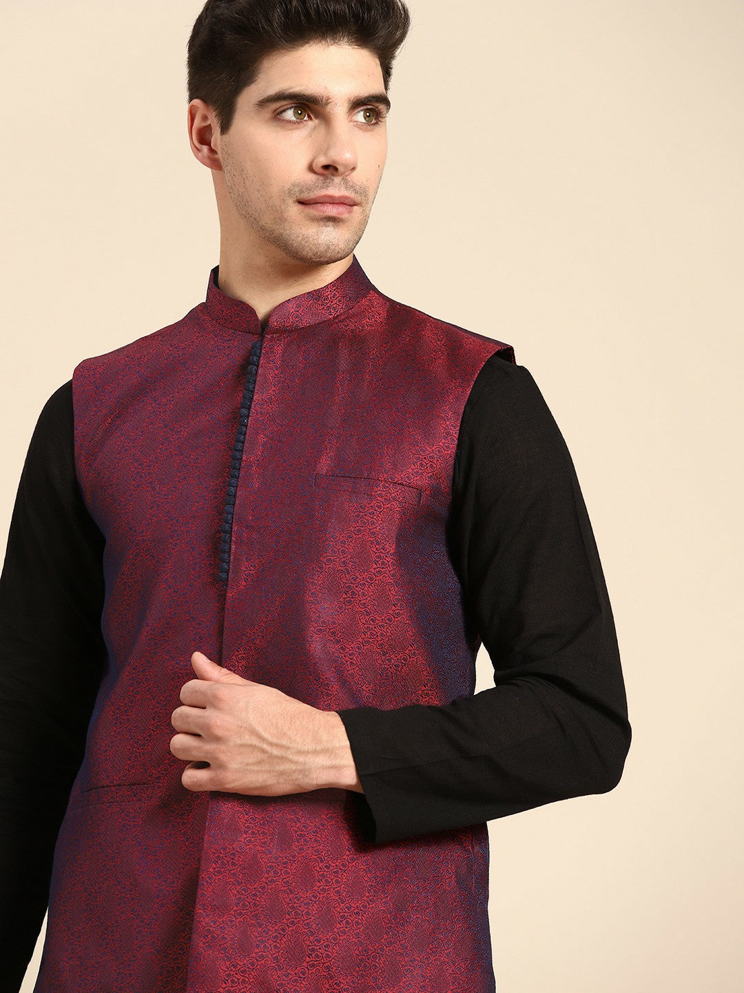 Men's Maroon & Navy Jacquard Silk Nehru Jacket with Woven Design