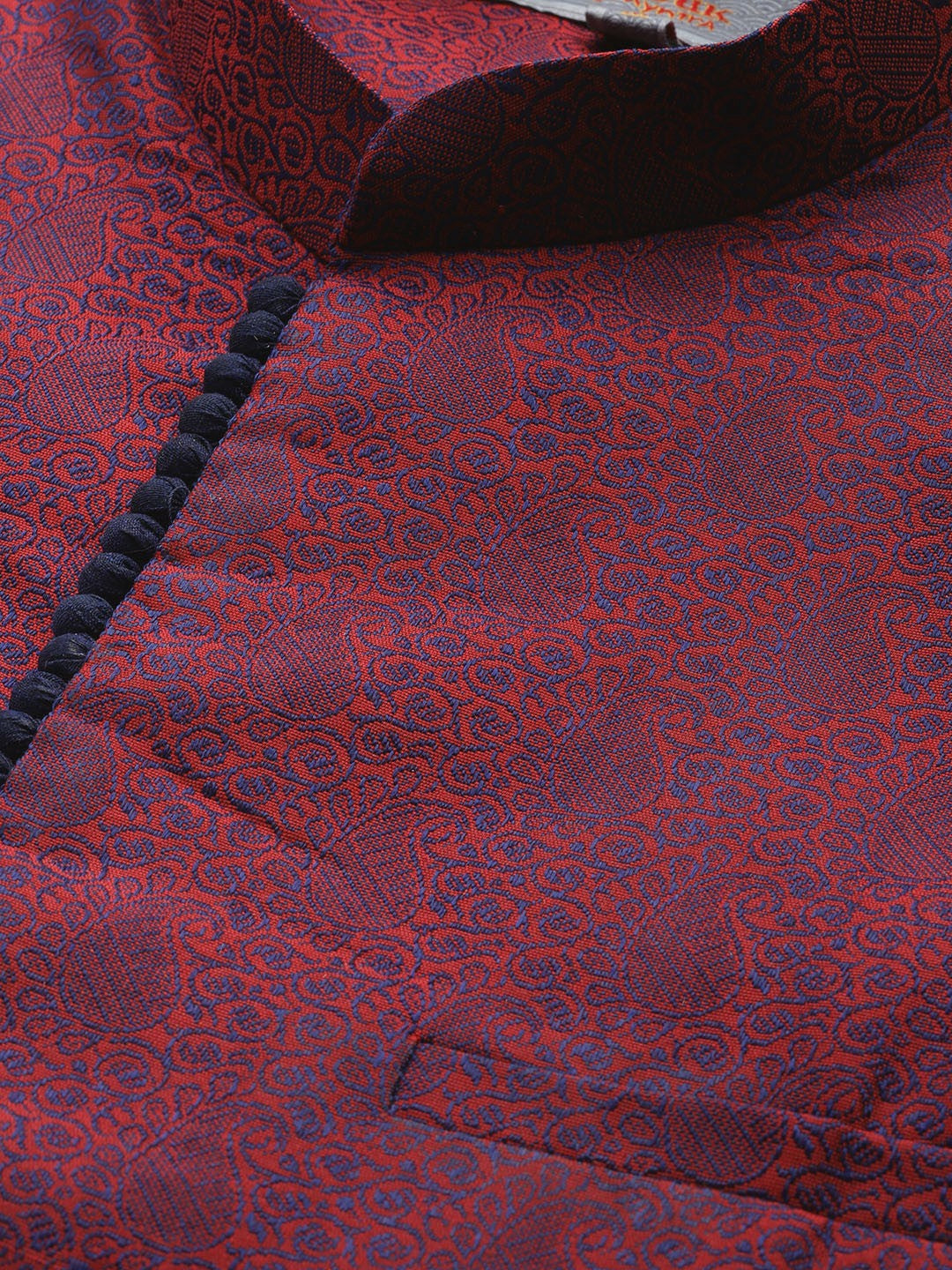 Men's Maroon & Navy Jacquard Silk Nehru Jacket with Woven Design