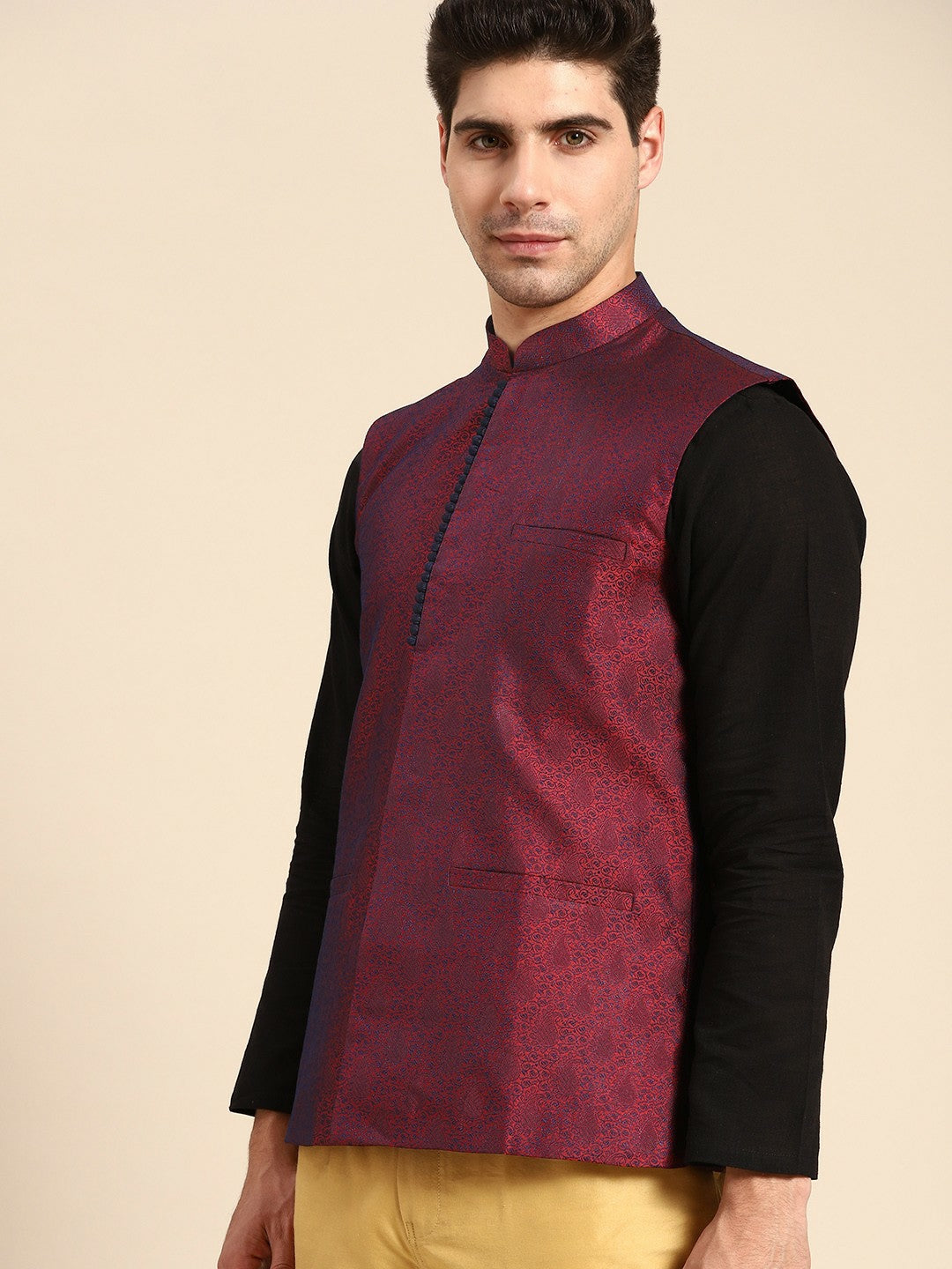 Men's Maroon & Navy Jacquard Silk Nehru Jacket with Woven Design