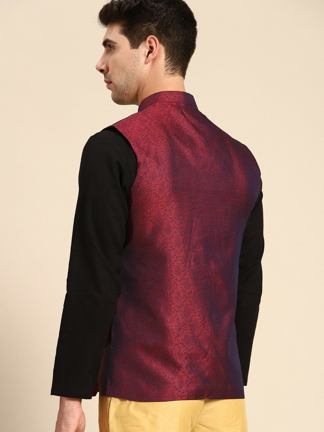 Men's Maroon & Navy Jacquard Silk Nehru Jacket with Woven Design