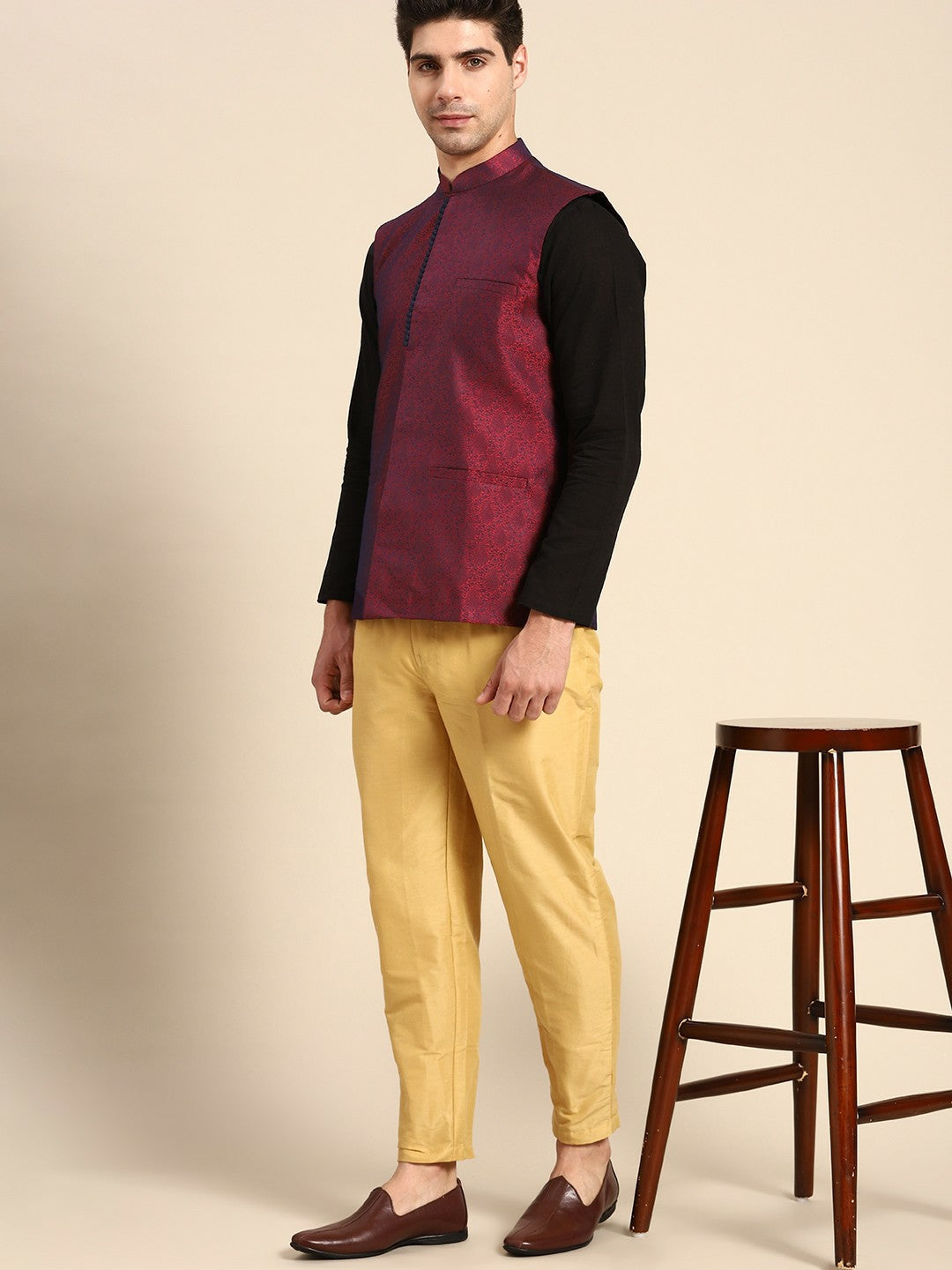 Men's Maroon & Navy Jacquard Silk Nehru Jacket with Woven Design