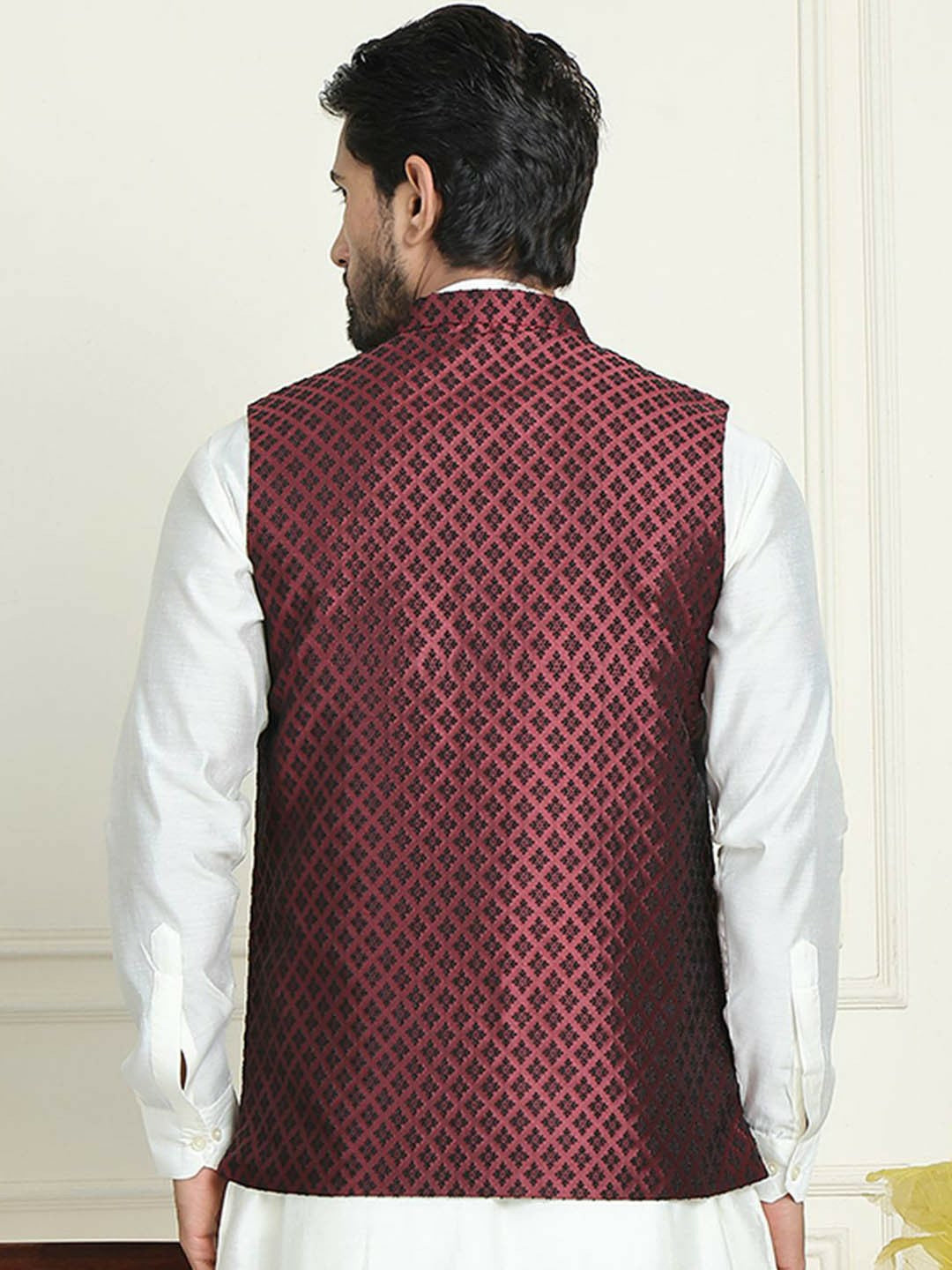 Men's Maroon & Black Woven Nehru Jacket with Mandarin Collar