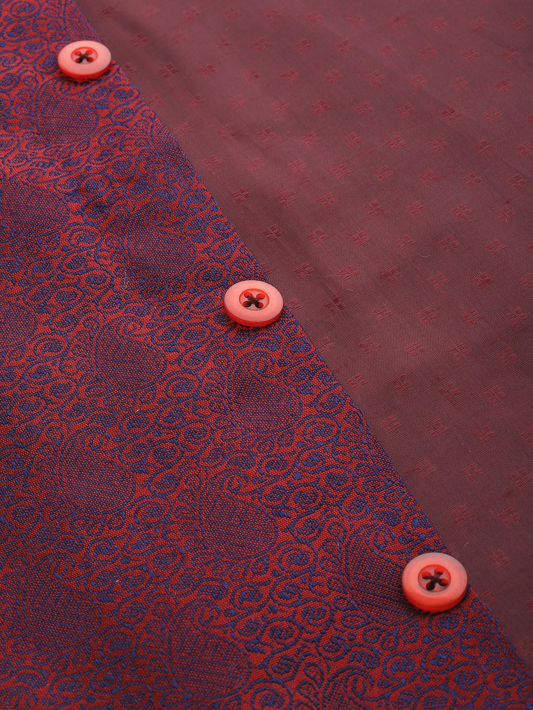 Men's Maroon & Navy Jacquard Silk Nehru Jacket with Woven Design