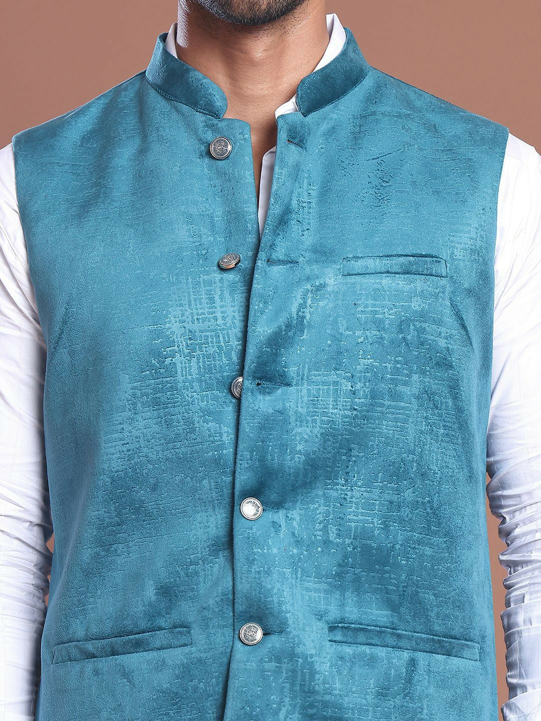 Men's Blue Printed Silk Blend Nehru Jacket