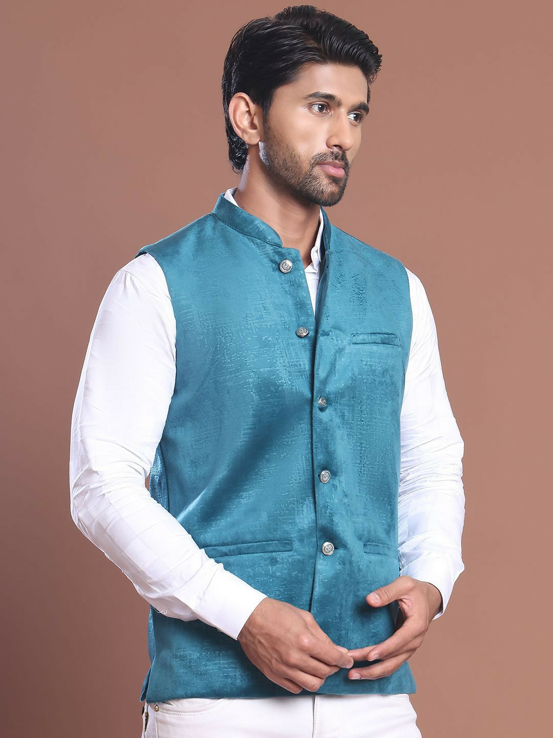 Men's Blue Printed Silk Blend Nehru Jacket