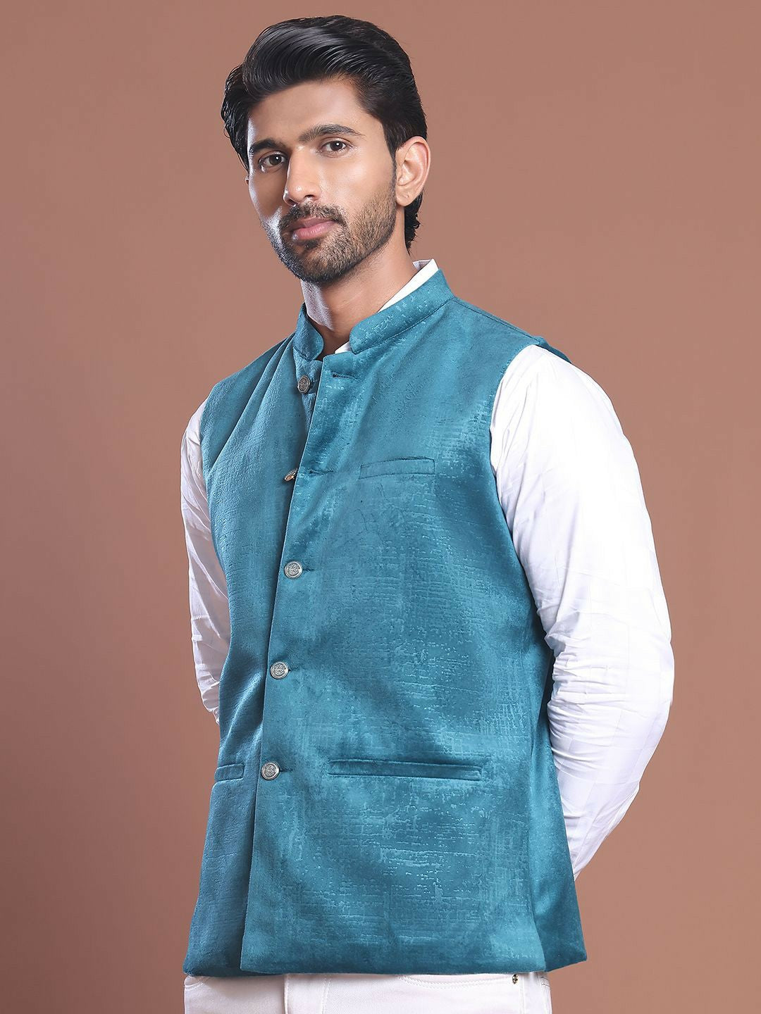 Men's Blue Printed Silk Blend Nehru Jacket