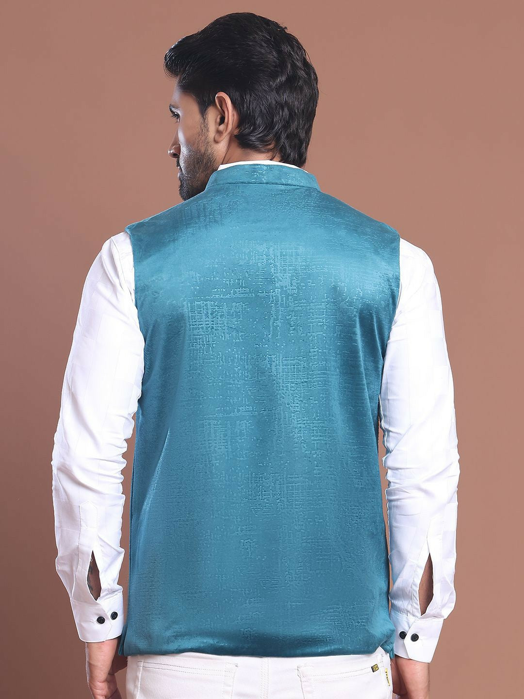 Men's Blue Printed Silk Blend Nehru Jacket