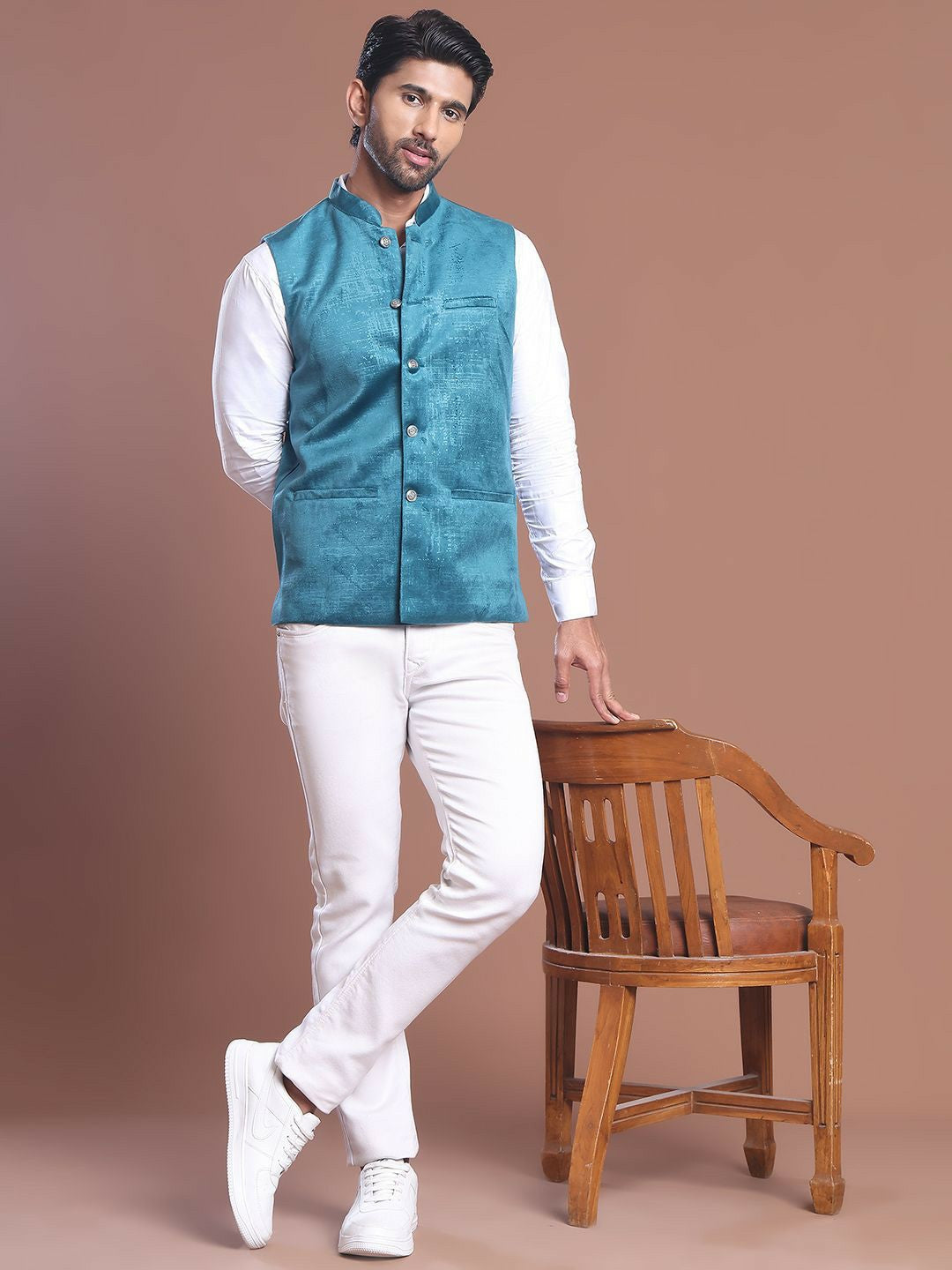 Men's Blue Printed Silk Blend Nehru Jacket