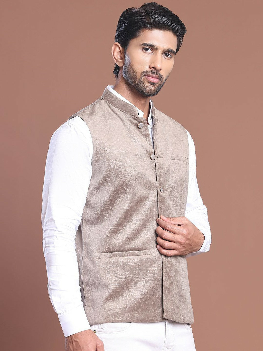 Men's Beige Woven Design Nehru Jacket