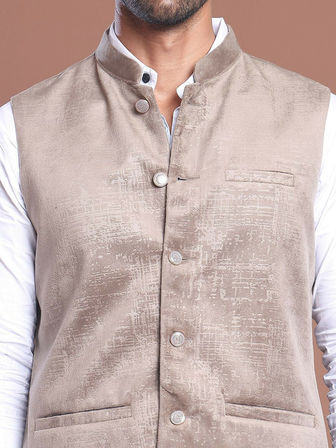 Men's Beige Woven Design Nehru Jacket