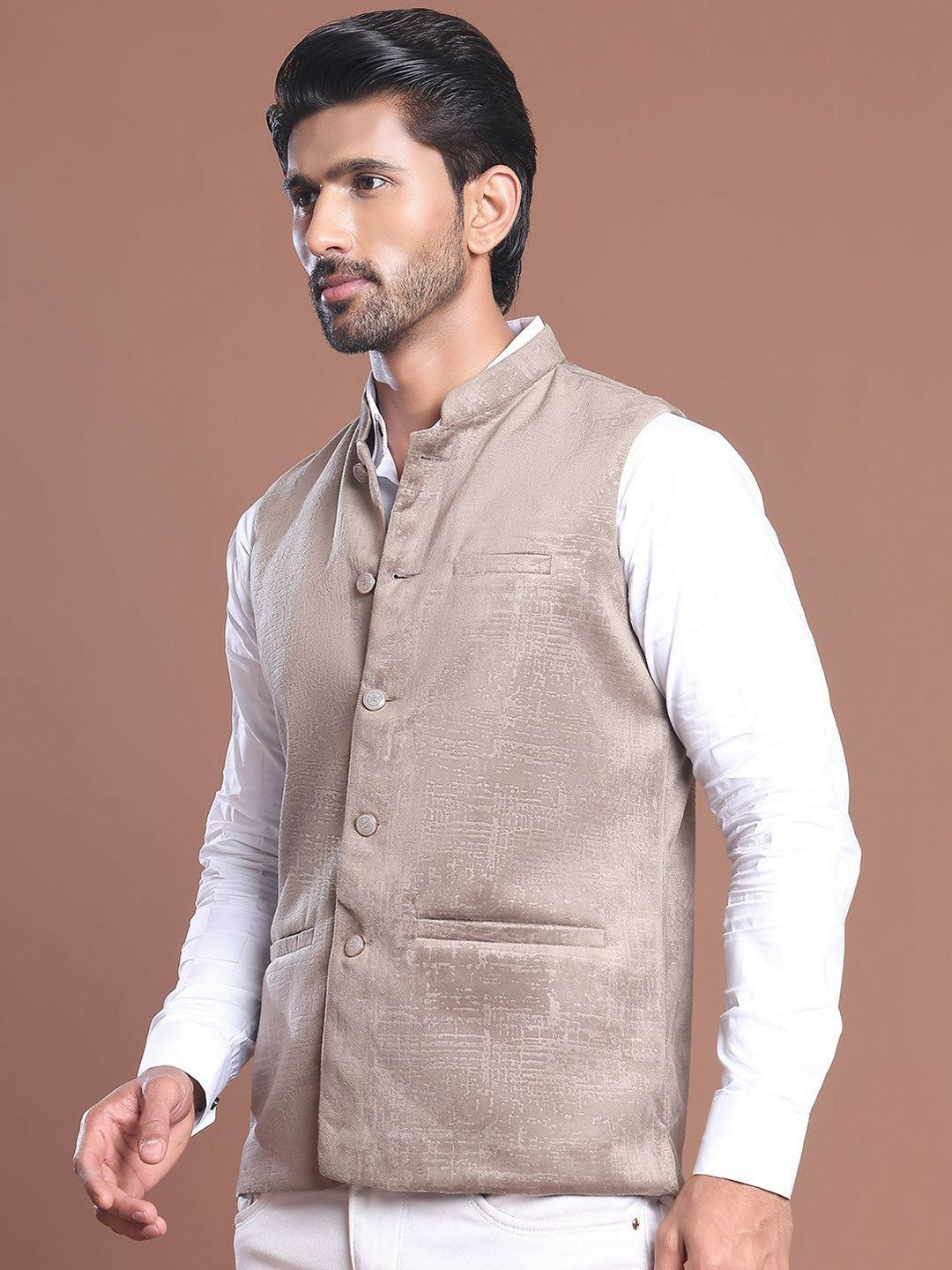 Men's Beige Woven Design Nehru Jacket