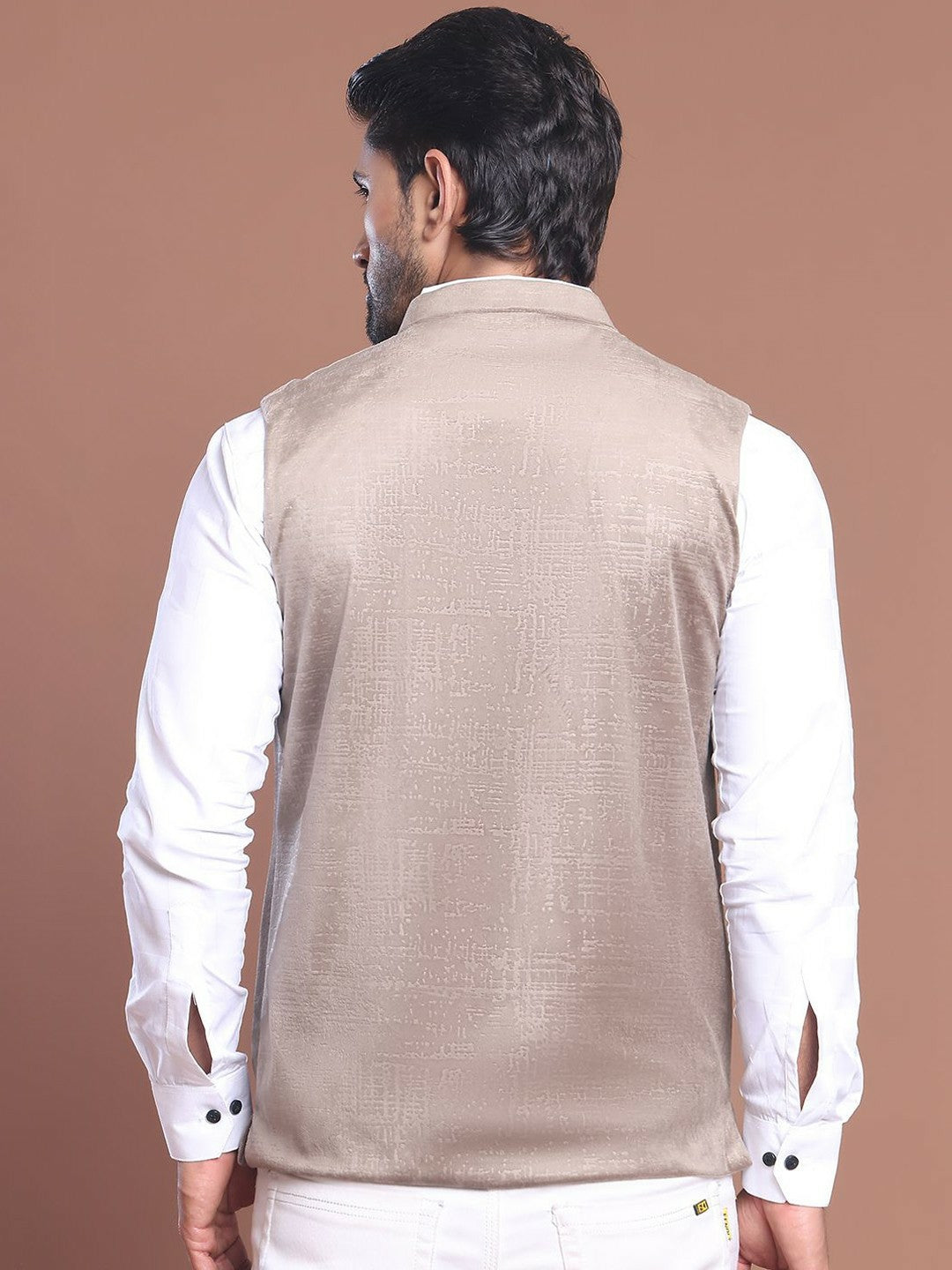 Men's Beige Woven Design Nehru Jacket