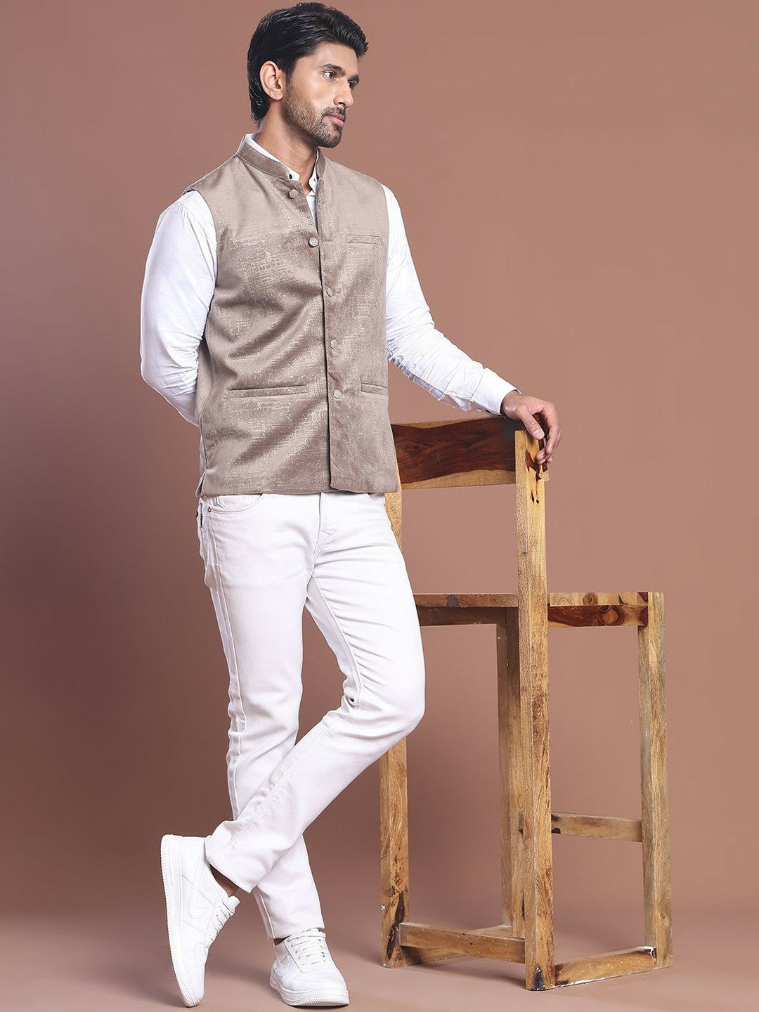 Men's Beige Woven Design Nehru Jacket