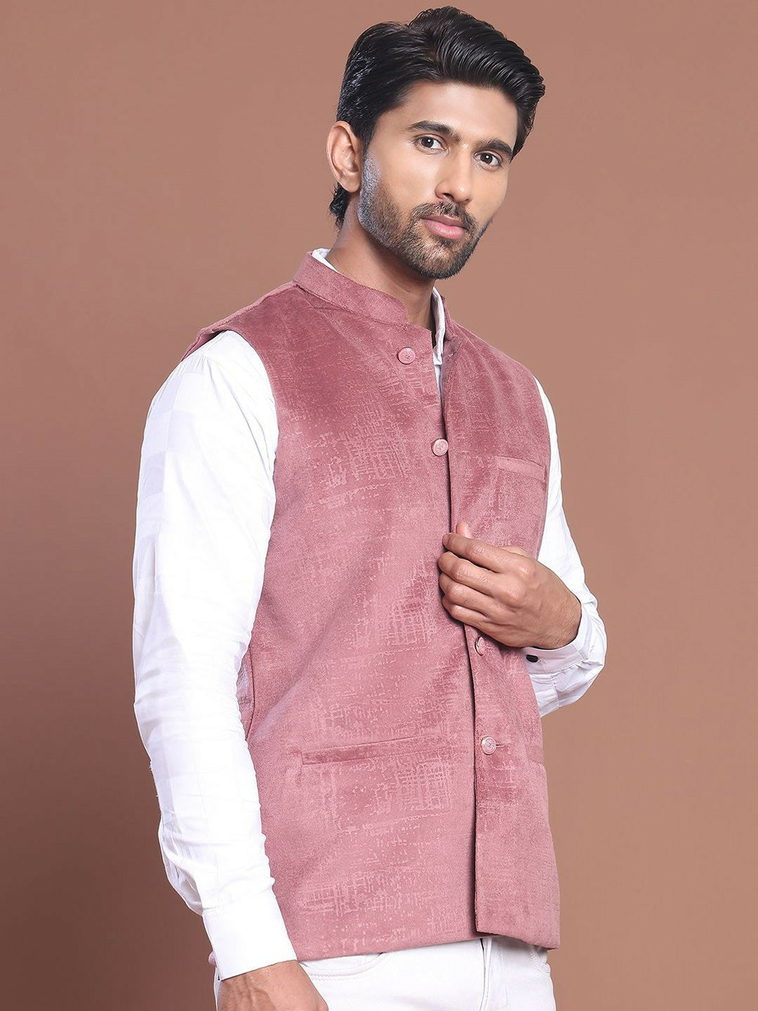 Men's Magenta Woven Design Nehru Jacket