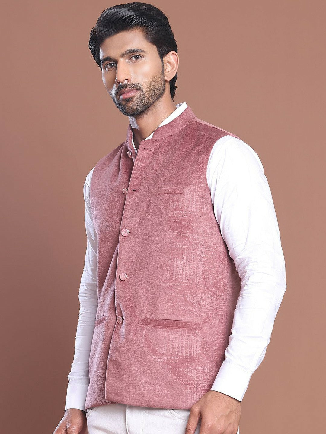 Men's Magenta Woven Design Nehru Jacket
