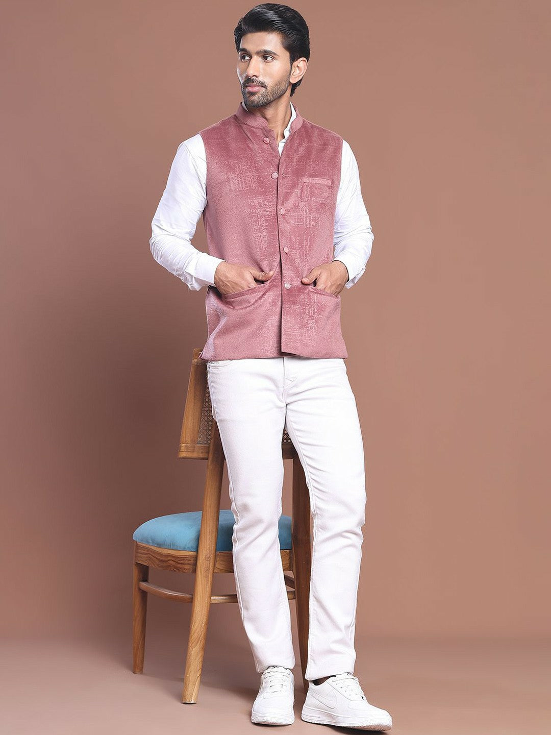 Men's Magenta Woven Design Nehru Jacket