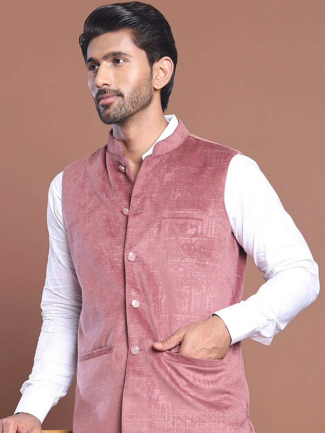 Men's Magenta Woven Design Nehru Jacket