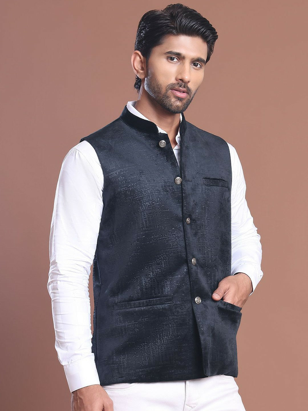 Men's Blue Printed Woven Nehru Jacket