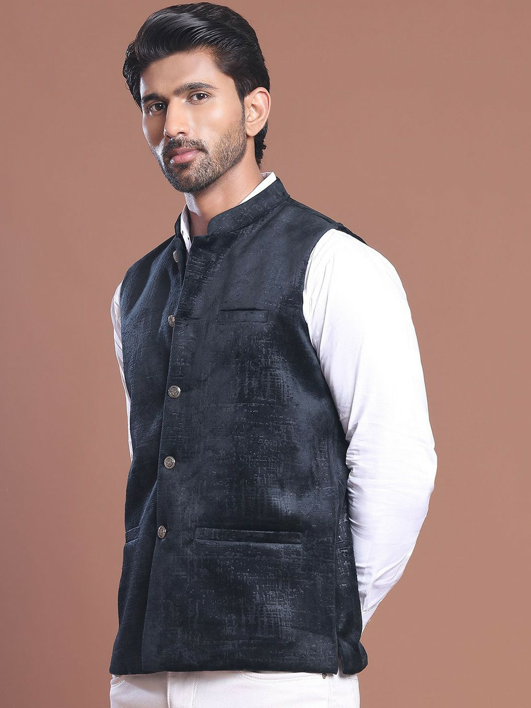 Men's Blue Printed Woven Nehru Jacket