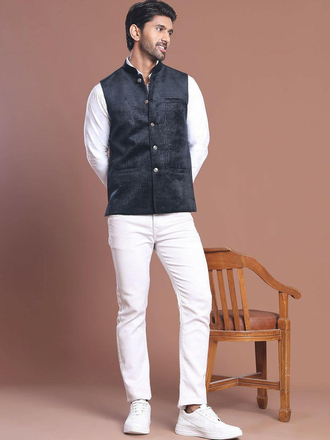 Men's Blue Printed Woven Nehru Jacket