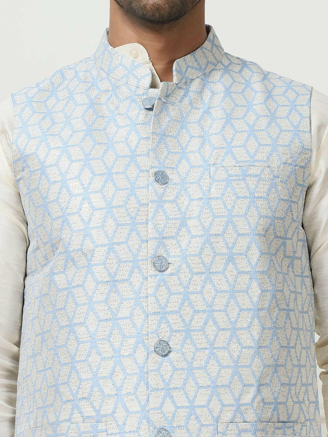 Men's Blue Printed Woven Nehru Jacket